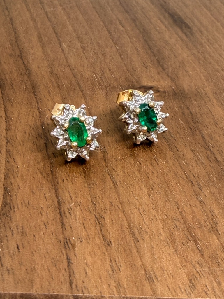 Vintage Oval Emerald And Diamond Cluster Stud Earrings In 10k Yellow Gold
